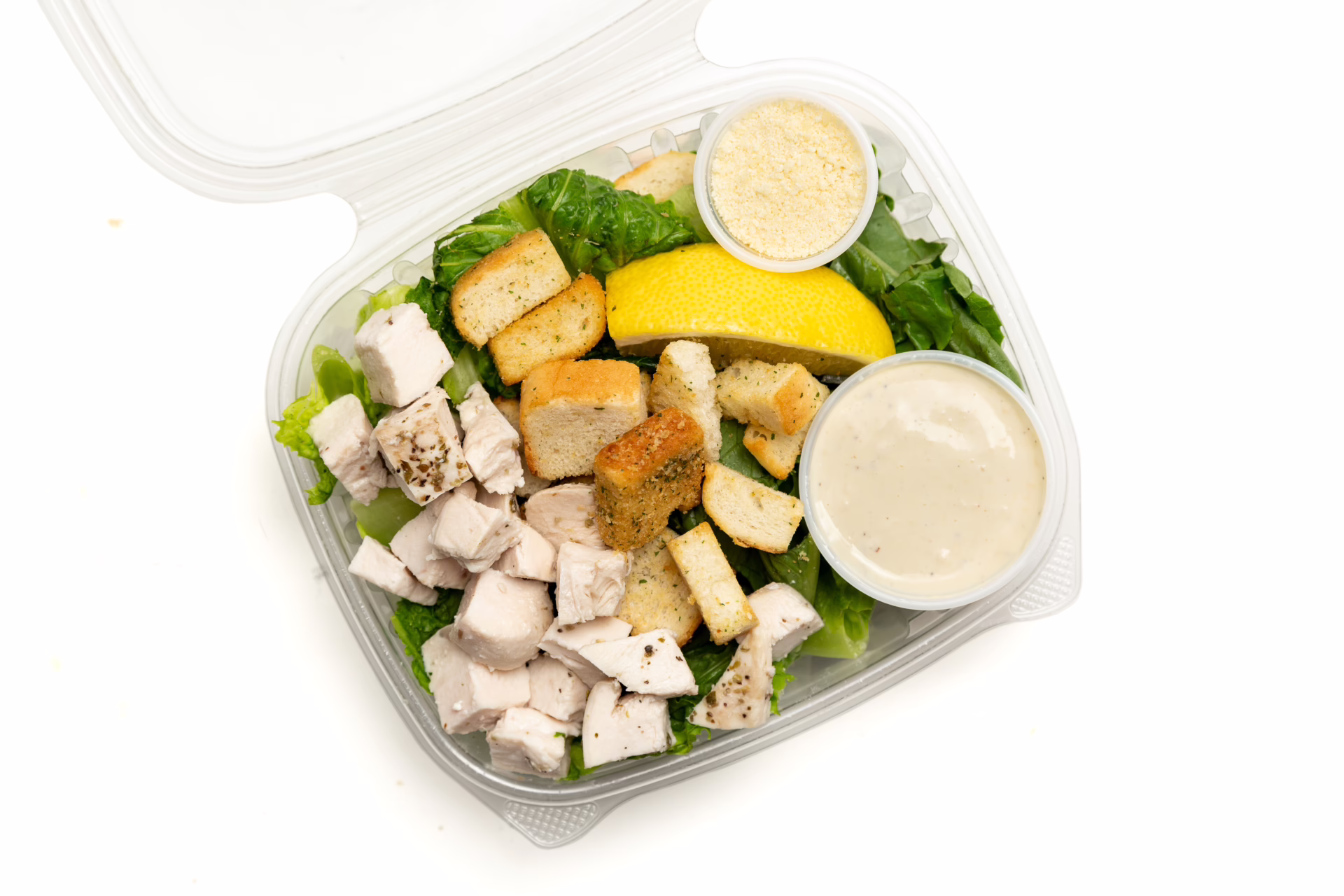 Romaine lettuce, chicken breast, croutons, parmesan cheese, caesar dressing & lemon wedge