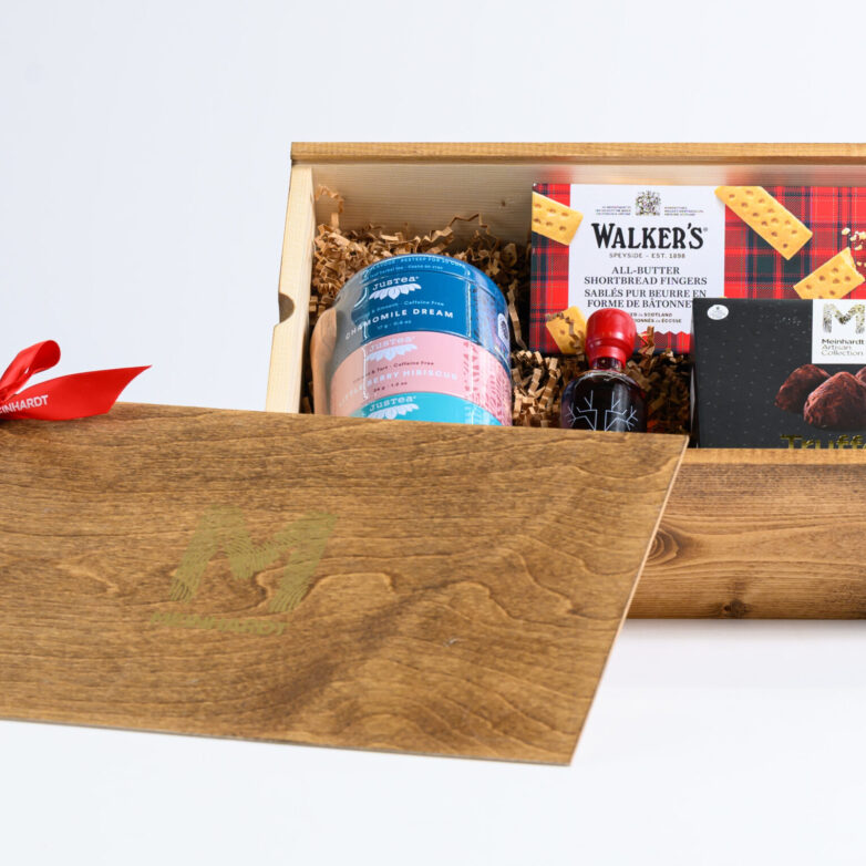 Small wooden box with products for Tea Enthusiasts.