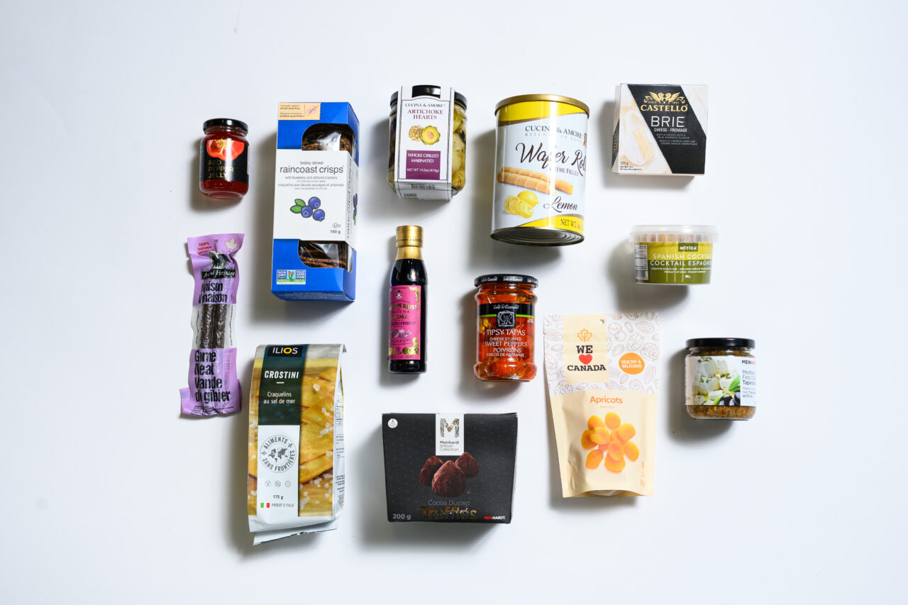 Gift Basket products laid out on a white space