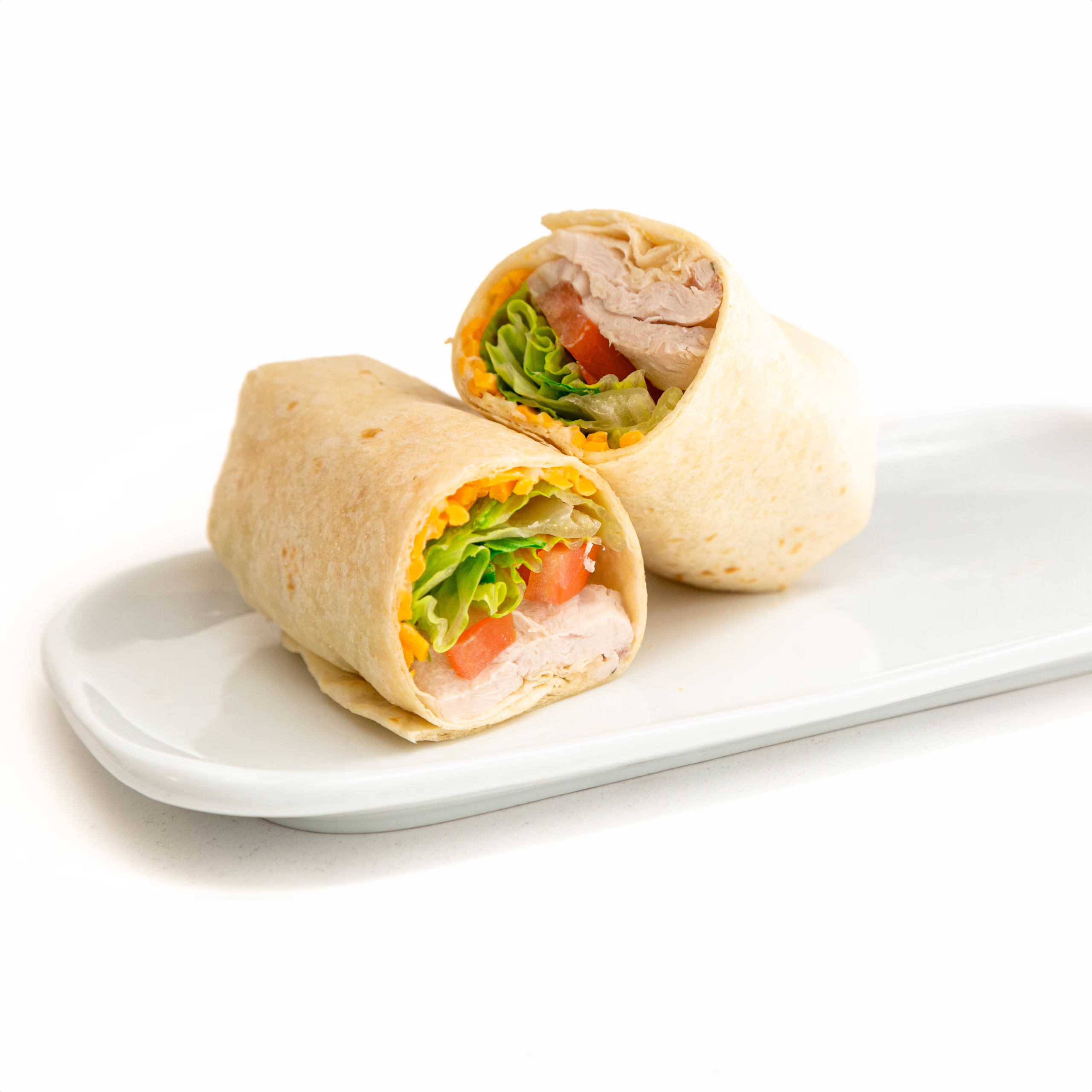Meinhardt-TURKEY-CLUB-WRAP White tortilla, shredded cheddar cheese, mayonaise, chopped romaine, bacon strip, turkey breast, and tomato.