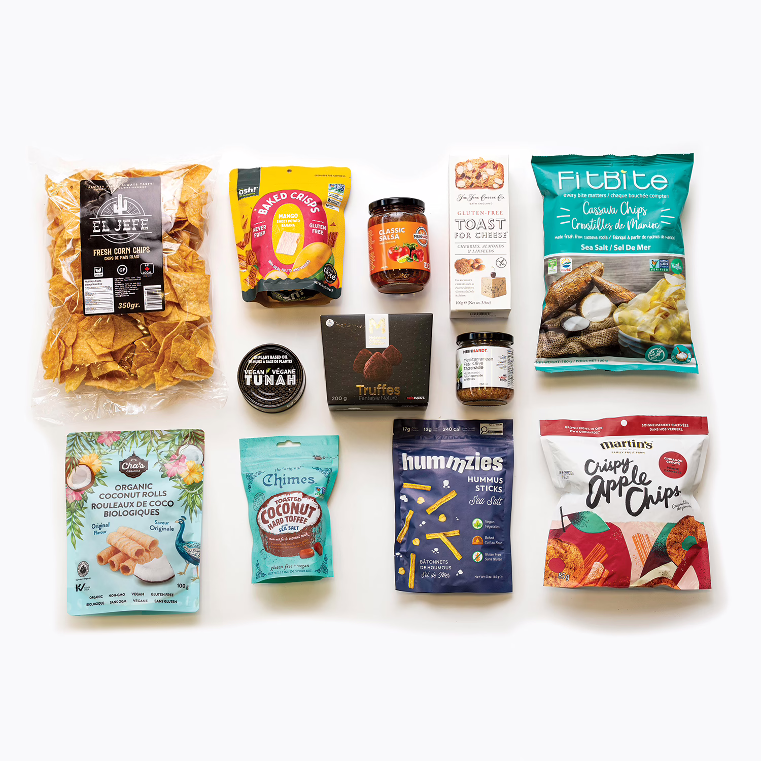HealthyChoiceContents_Christmas Healthy Choice gift basket with nutritious snacks, fresh ingredients, and wellness-focused foods laid out on a white background.