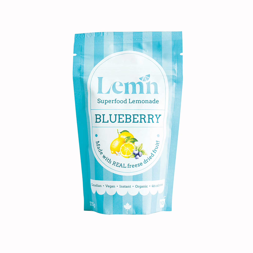 Lemn Superfood Lemonade packaging with bright blue packaging and a small lemon graphics.