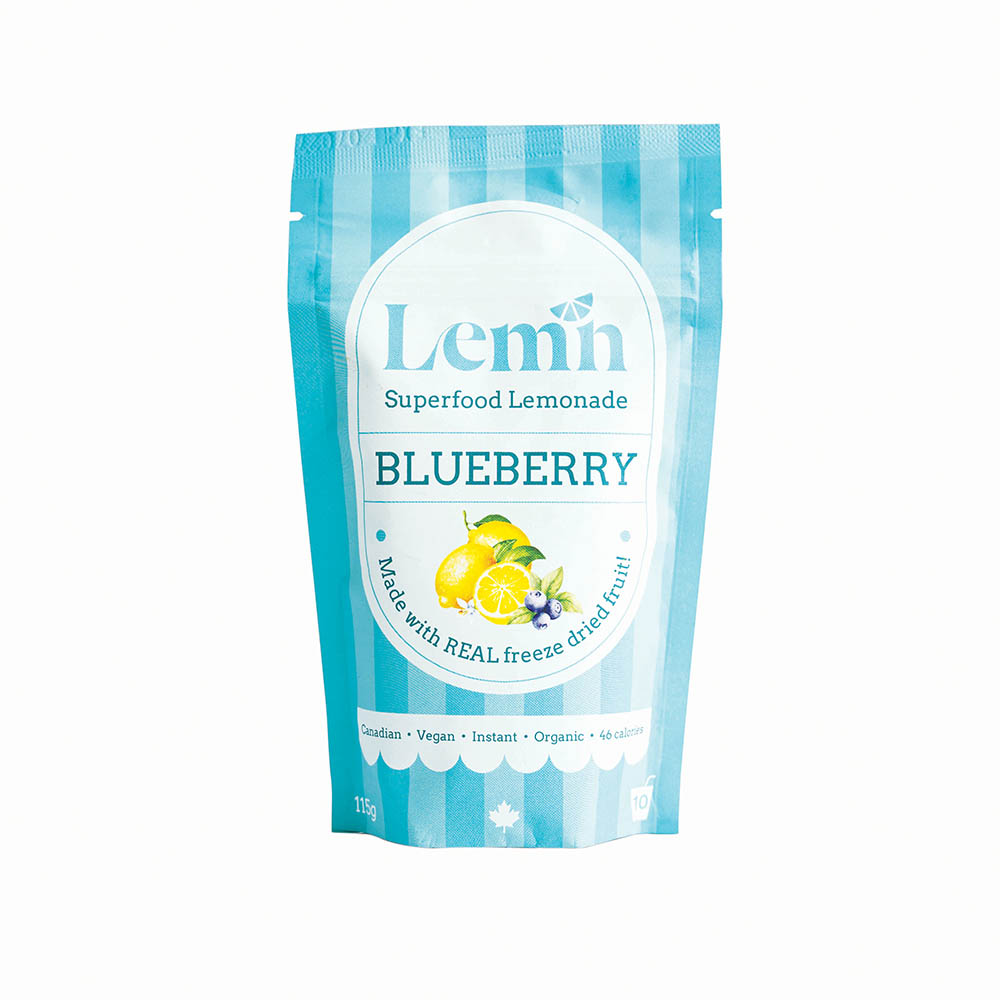 Lemn Superfood Lemonade Christmas Feature Lemn Superfood Lemonade packaging with bright blue packaging and a small lemon graphics.