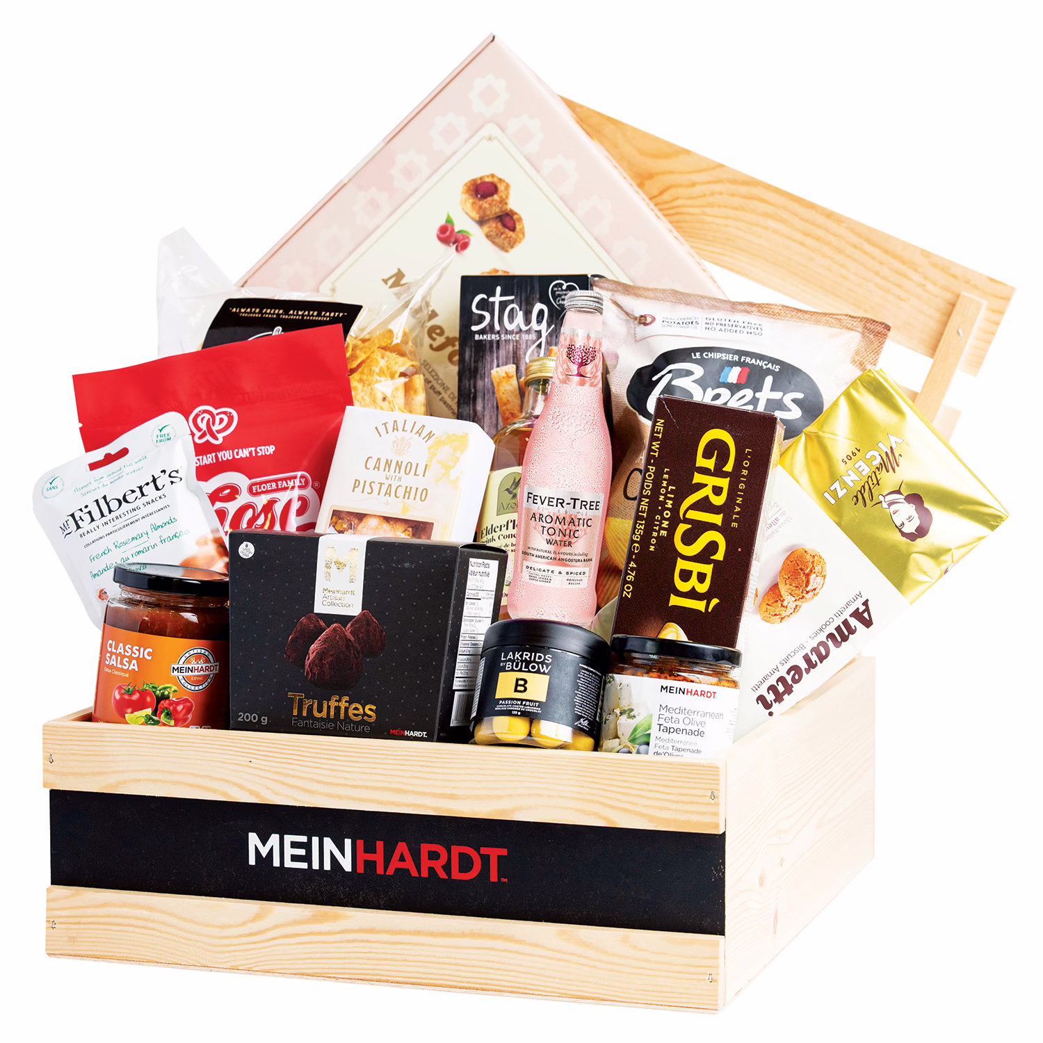 PartytoGoGiftBox_Christmas Party to Go snack gift basket with assorted party treats and gourmet snacks.