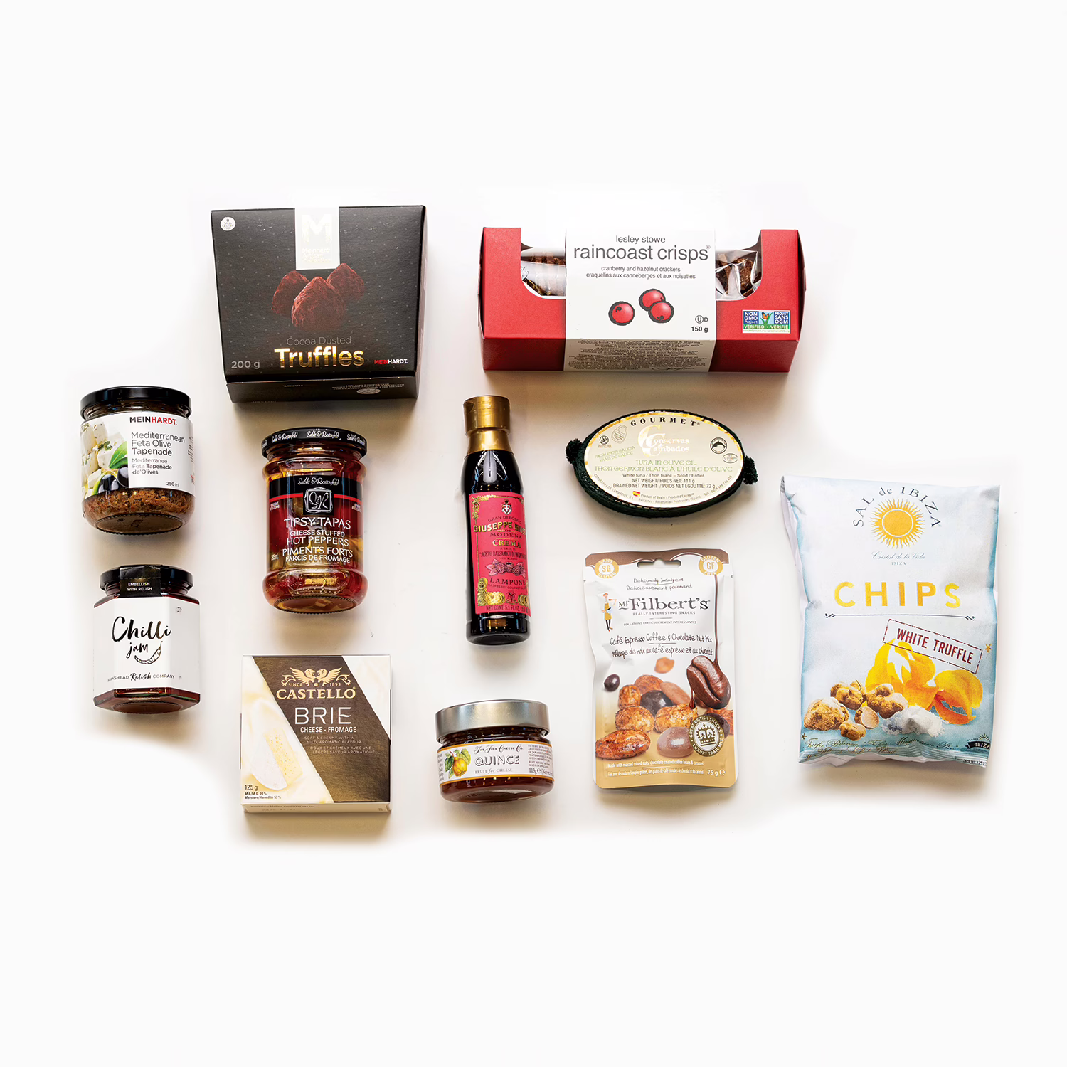 WineOClockContents_Christmas Wine O Clock Gift Basket products laid out on a white space