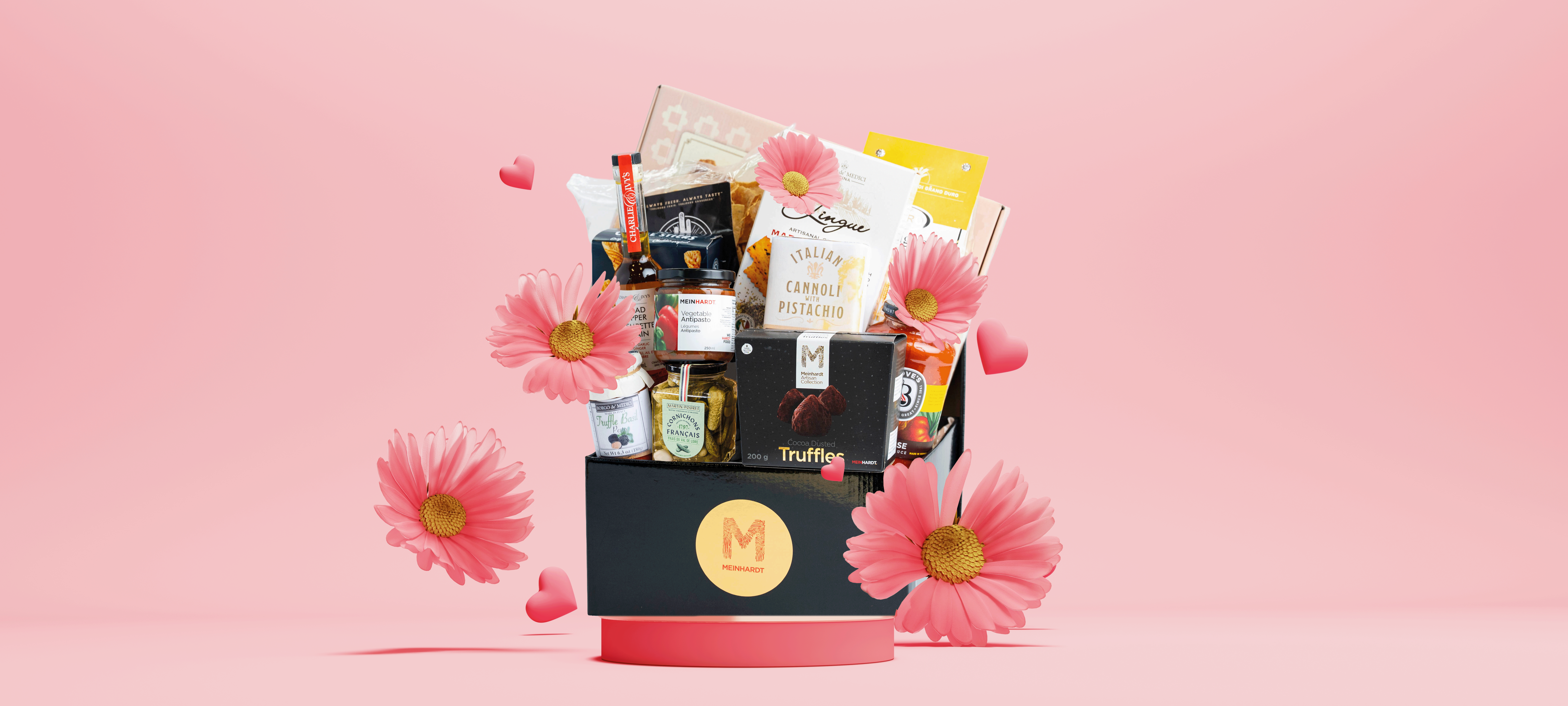 3d render background for celebrate International Women's Day with elegant podium design featuring pastel tones and floral accents. Meinhardt The Epicurean gift basket on the podium.